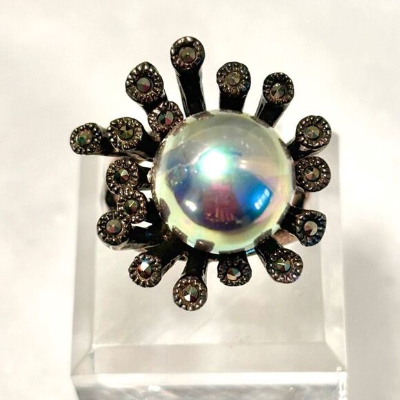 Vintage Sterling Silver Black Pearl & Marcasite Starburst Enchanted Cocktail Rin - Picture 2 of 5